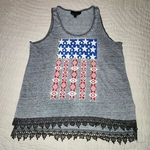Almost Famous Womens Sz XL Gray Tank Top American Flag Lace Trim Southwestern